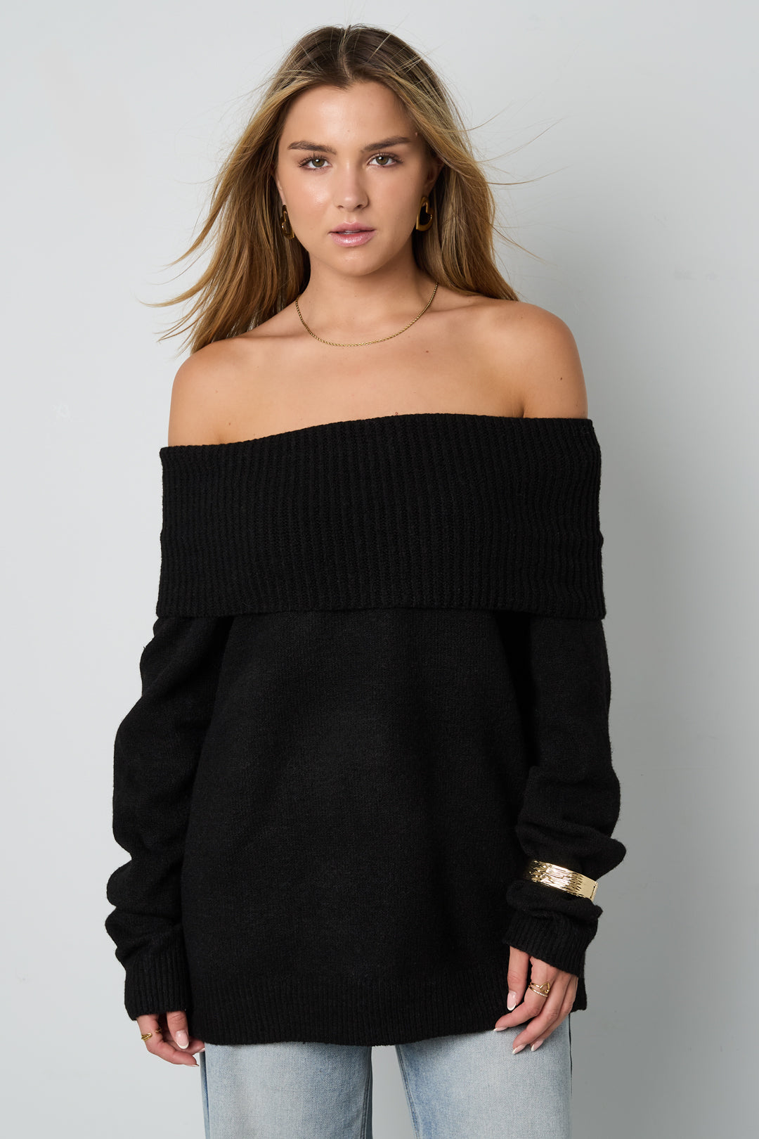 Gestrickte Polyesterfaser Damen-Off-Shoulder-Pullover Elegant Einfarbig