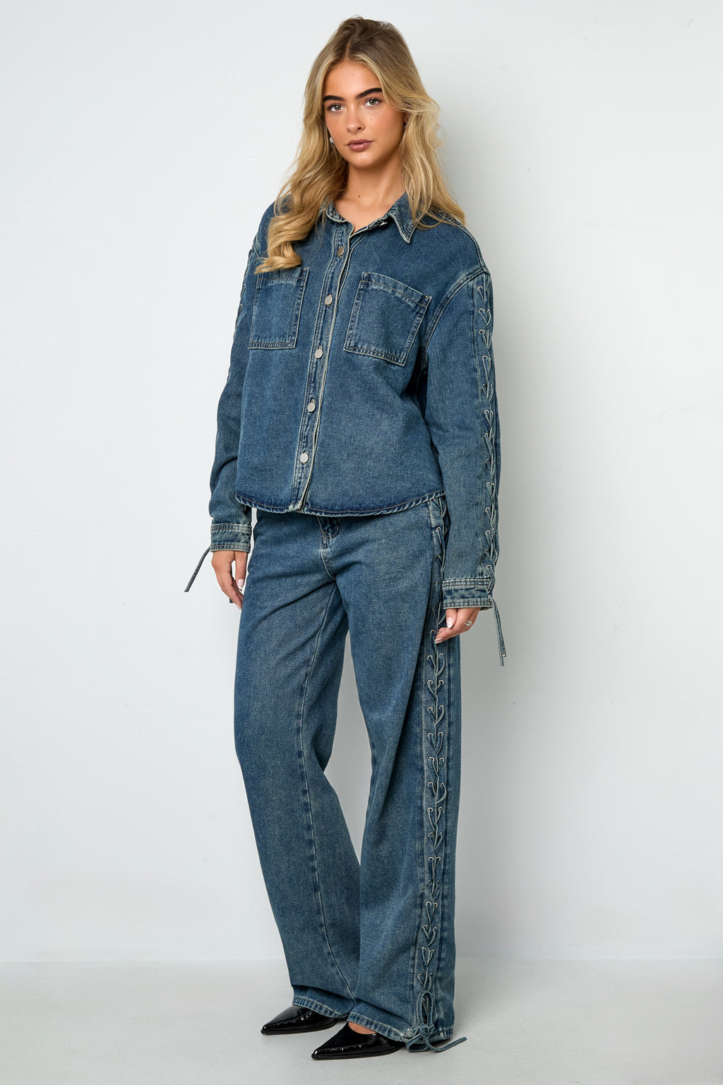 Gewebte Baumwolle Damen Jeansjacke Casual Mit Schnürung
