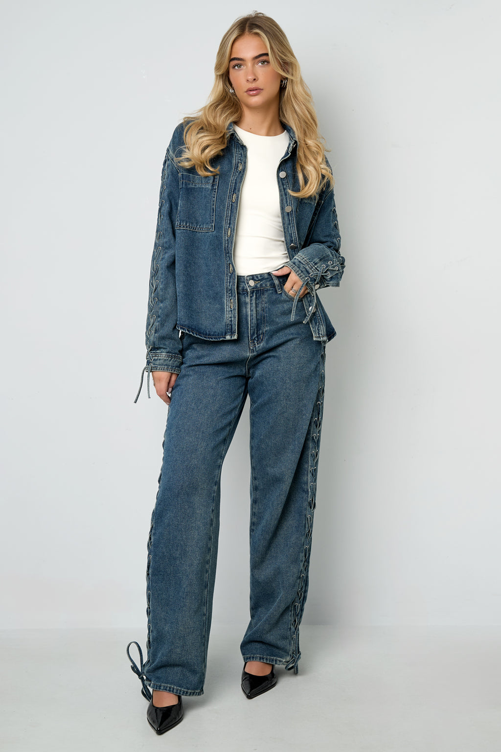 Gewebte Baumwolle Damen Jeansjacke Casual Mit Schnürung