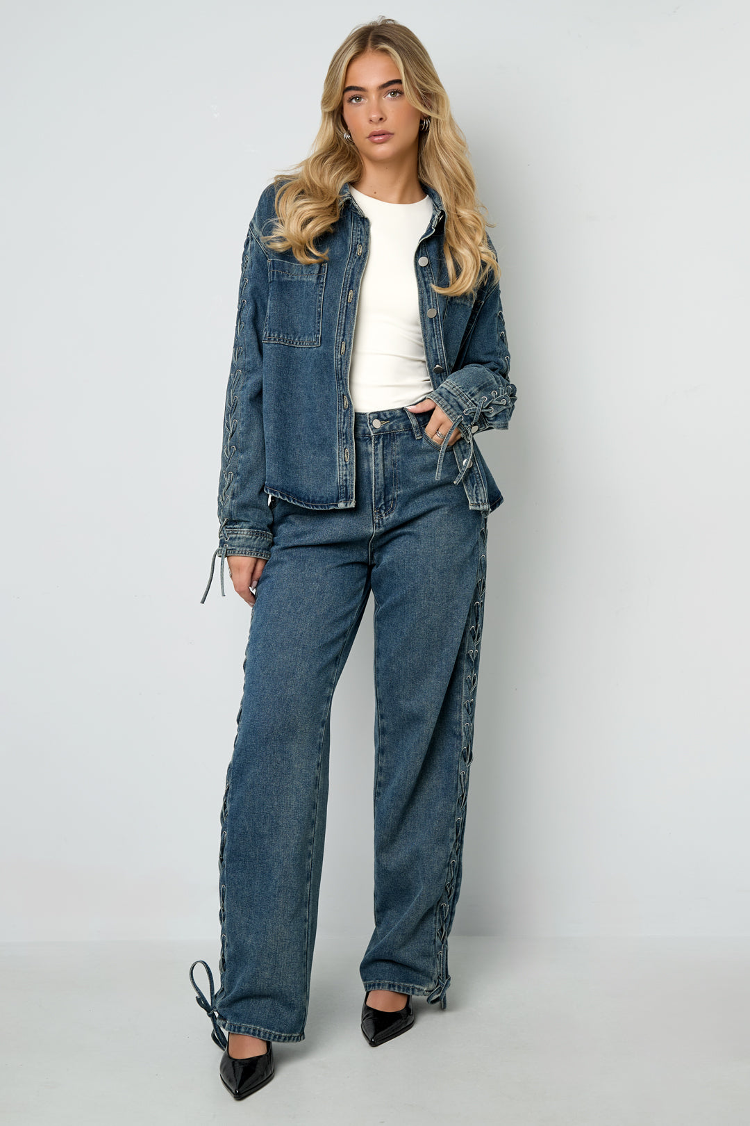 Gewebte Baumwolle Damen Jeansjacke Casual Mit Schnürung
