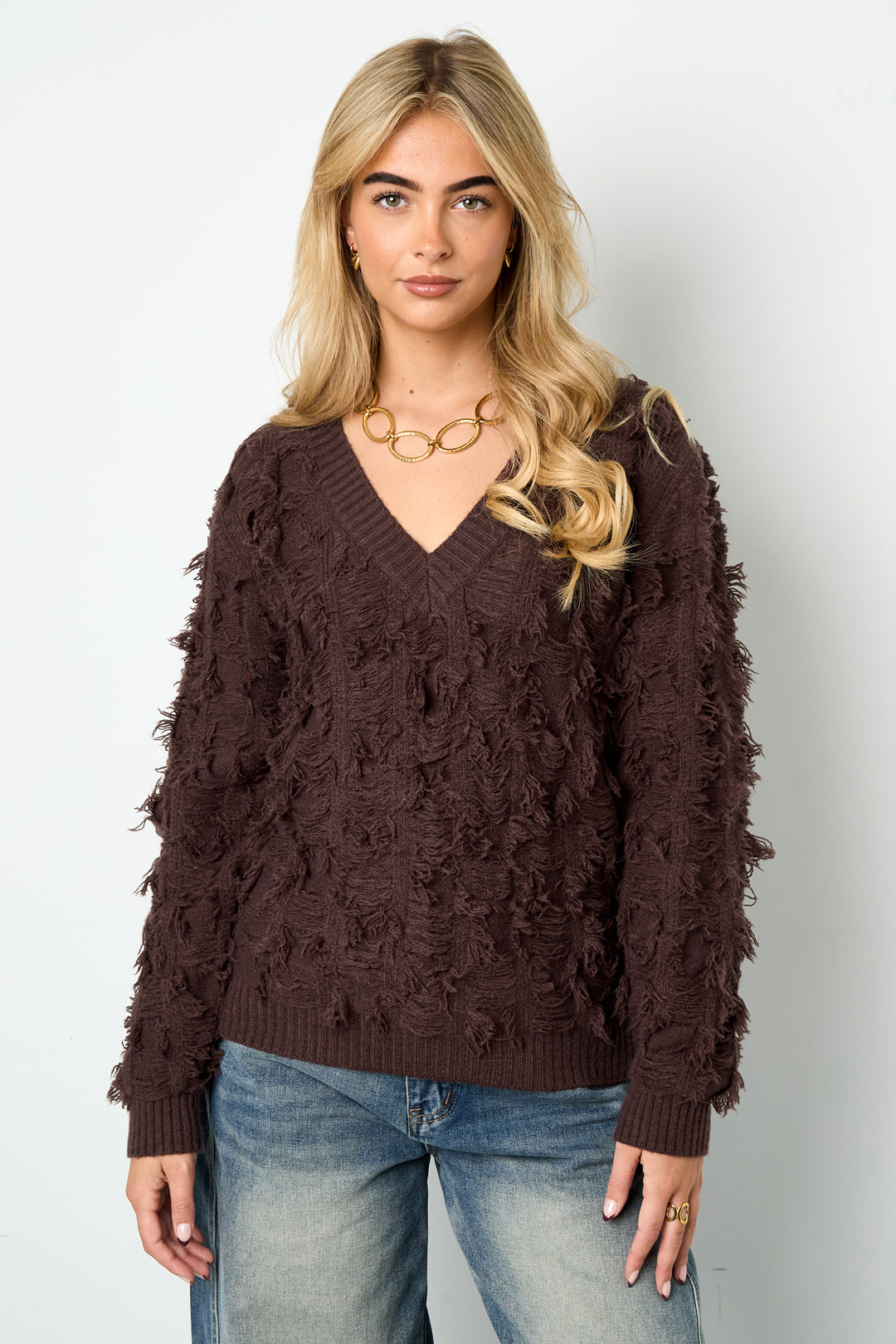 V-Pullover mit Fransen