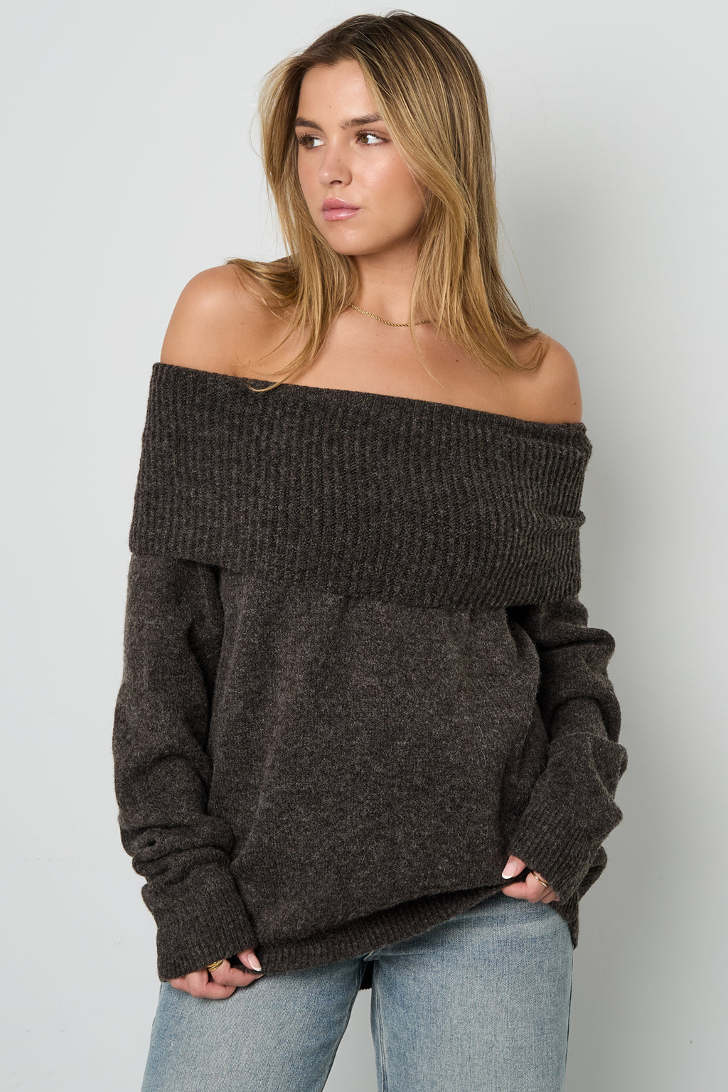 Gestrickte Polyesterfaser Damen-Off-Shoulder-Pullover Elegant Einfarbig