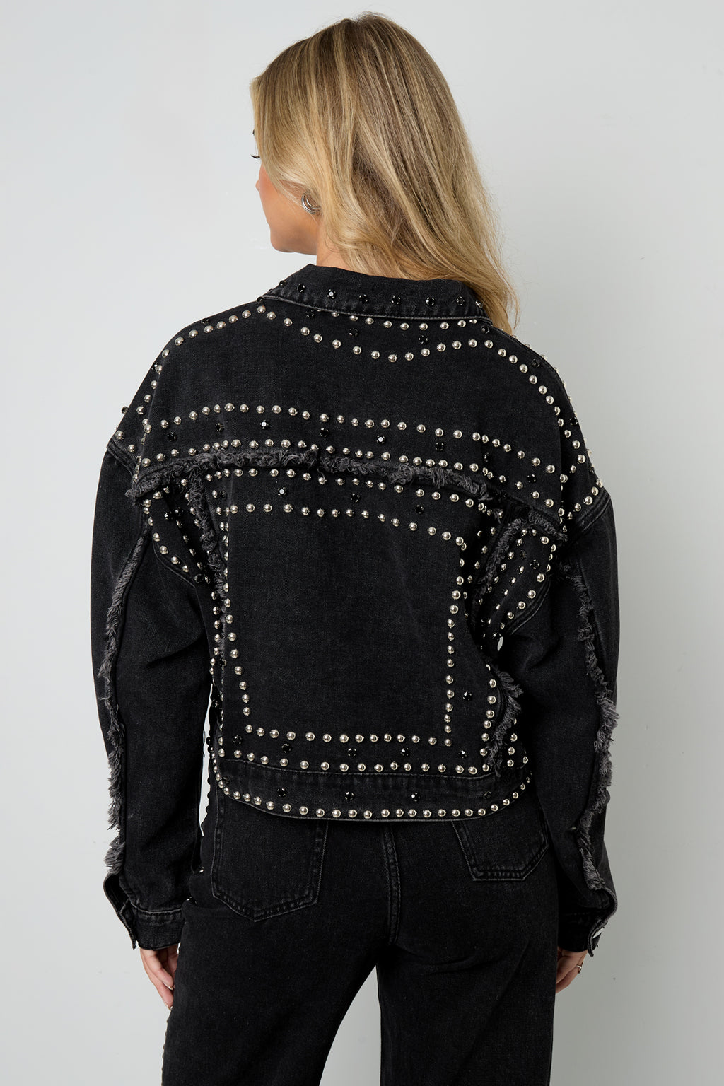 Gewebter Baumwoll Damen Jeansjacke Street Einfarbig Nieten-Design